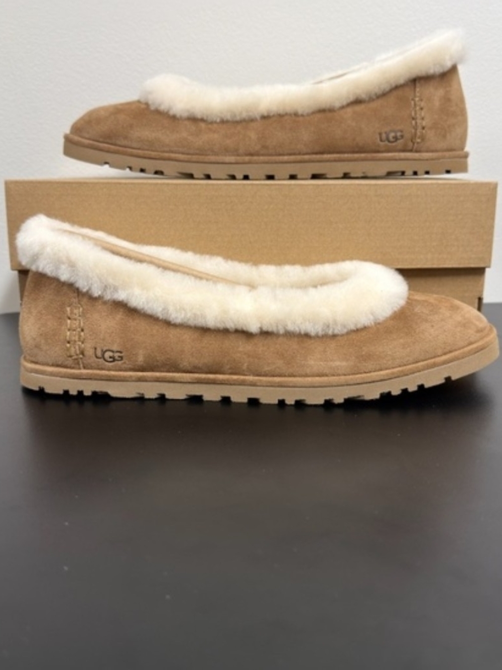 UGG Women's Chestnut Suede Shearling-Trim Slip-Ons
